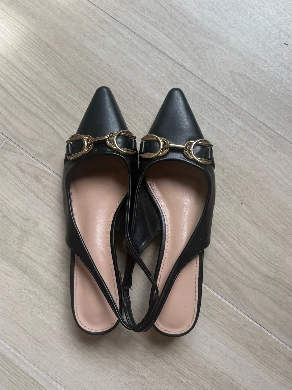 Women’s Black Pointed Slingback Flats with Gold Hardware